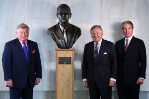 Pictured left to right are the late Mr JCB's sons, Mark Bamford and Lord Bamford and his grandson Jo Bamford (Lord Bamford's son) at the unveiling of the bronze bust today Date. 21.06.16
